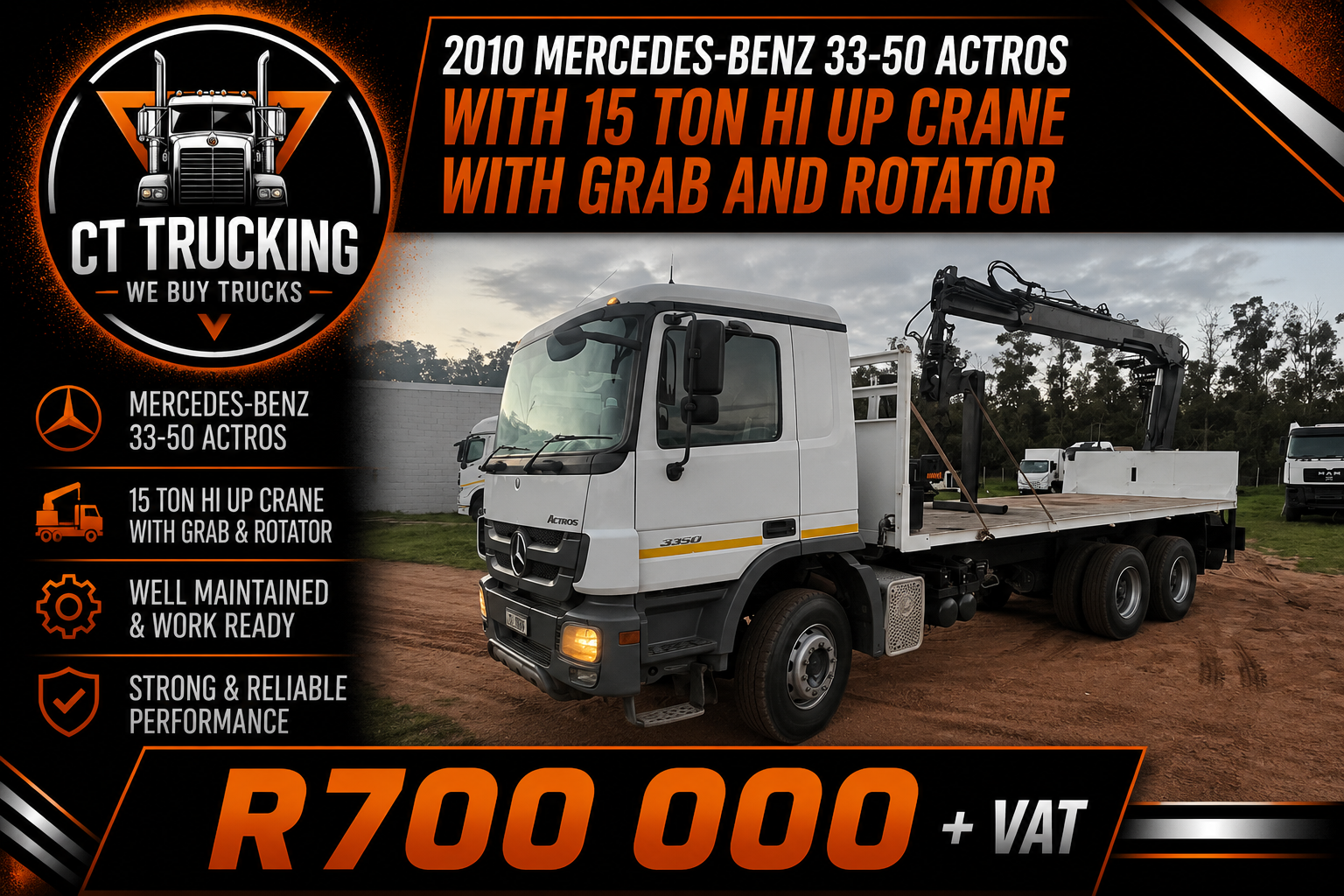 2010 Mercedes-Benz 33-50 Actros with 15 TON HI UP Crane with Grab and Rotator